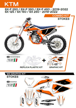 UFO KOMPLET PLASTIKÓW KTKIT522042 PLUS KOMPLET NAKLEJEK (OKLEIN) KTM SX/SXF 125/150/250/350/450 '19-'22 W ZESTAWIE PRZEDNIA TABLICA (KT04094) ORAZ OSŁONY AMORTYZATORÓW (KT04055) STOKES KOLOR BIAŁY - WYPRZEDAŻ