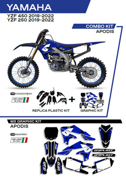 UFO KOMPLET PLASTIKÓW YAKIT321001 PLUS KOMPLET NAKLEJEK (OKLEIN) YAMAHA YZF 250 '19-'22; YZF 450 '18-'22 W ZESTAWIE PRZEDNIA TABLICA (YA04860) ORAZ OSŁONY AMORTYZATORÓW (YA04814) APODIS KOLOR CZARNY - WYPRZEDAŻ