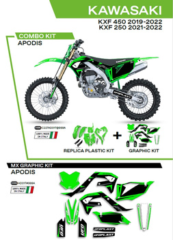 UFO KOMPLET PLASTIKÓW KAKIT227999A PLUS KOMPLET NAKLEJEK (OKLEIN) KAWASAKI KXF 250 '21-'22; KXF 450 '19-'22 W ZESTAWIE PRZEDNIA TABLICA (KA04738) ORAZ OSŁONY AMORTYZATORÓW (KA04701) APODIS KOLOR OEM (ZIELONY/CZARNY) - WYPRZEDAŻ