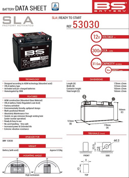 BS AKUMULATOR 53030 (52515) (FA) 12V 31,6AH 178X123X166 BEZOBSŁUGOWY - ZALANY (300A) (4) BMW R60/6/7 69-84, R65 84-95, R75/6/7 69-84, R80/7/RT 84-95, R90/6/S 69-84, R100/7/CS/RS/RT/S/T 76-84, R100GS/R/RS/RT 87-95, K75RT 85-95, K1 89-92, K100 83-93