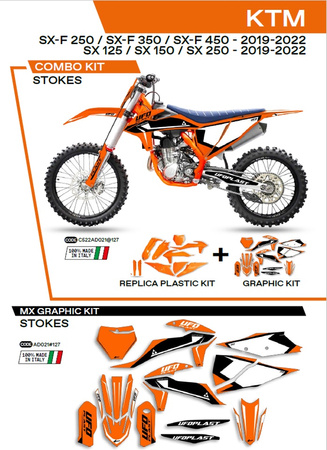 UFO KOMPLET PLASTIKÓW KTKIT522127 PLUS KOMPLET NAKLEJEK (OKLEIN) KTM SX/SXF 125/150/250/350/450 '19-'22 W ZESTAWIE PRZEDNIA TABLICA (KT04094) ORAZ OSŁONY AMORTYZATORÓW (KT04055) STOKES KOLOR POMARAŃCZOWY - WYPRZEDAŻ