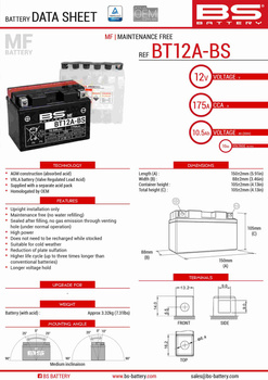 BS AKUMULATOR BT12A-BS (YT12A-BS) 152X88X106 12V 10AH BEZOBSŁUGOWY - ELEKTROLIT OSOBNO (175A) (4) UE2019/1148