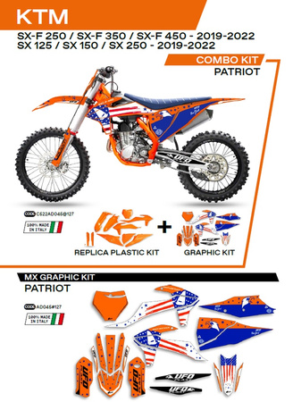 UFO KOMPLET PLASTIKÓW KTKIT522127 PLUS KOMPLET NAKLEJEK (OKLEIN) KTM SX/SXF 125/150/250/350/450 '19-'22 W ZESTAWIE PRZEDNIA TABLICA (KT04094) ORAZ OSŁONY AMORTYZATORÓW (KT04055) PATRIOT KOLOR POMARAŃCZOWY - WYPRZEDAŻ