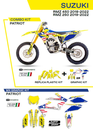 UFO KOMPLET PLASTIKÓW SUKIT418102 PLUS KOMPLET NAKLEJEK (OKLEIN) SUZUKI RMZ 250 '19-'22; RMZ 450 '18-'22 W ZESTAWIE PRZEDNIA TABLICA (SU04943) ORAZ OSŁONY AMORTYZATORÓW (SU04913) PATRIOT KOLOR ŻÓŁTY - WYPRZEDAŻ