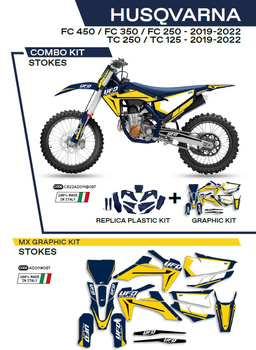 UFO KOMPLET PLASTIKÓW HUKIT622087 PLUS KOMPLET NAKLEJEK (OKLEIN) HUSQVARNA TC 125/250 '19-'22; FC 250/350/450 '19-'22 W ZESTAWIE PRZEDNIA TABLICA (HU04303) ORAZ OSŁONY AMORTYZATORÓW (HU03361) STOKES KOLOR NIEBIESKI - WYPRZEDAŻ