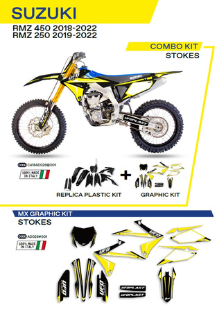 UFO KOMPLET PLASTIKÓW SUKIT418001 PLUS KOMPLET NAKLEJEK (OKLEIN) SUZUKI RMZ 250 '19-'22; RMZ 450 '18-'22 W ZESTAWIE PRZEDNIA TABLICA (SU04943) ORAZ OSŁONY AMORTYZATORÓW (SU04913) STOKES KOLOR CZARNY - WYPRZEDAŻ