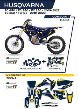 UFO KOMPLET PLASTIKÓW HUKIT622087 PLUS KOMPLET NAKLEJEK (OKLEIN) HUSQVARNA TC 125/250 '19-'22; FC 250/350/450 '19-'22 W ZESTAWIE PRZEDNIA TABLICA (HU04303) ORAZ OSŁONY AMORTYZATORÓW (HU03361) TECNA KOLOR NIEBIESKI - WYPRZEDAŻ