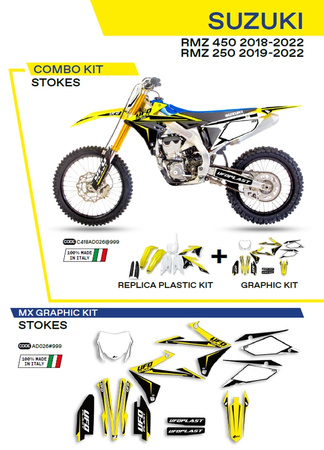 UFO KOMPLET PLASTIKÓW SUKIT418999 PLUS KOMPLET NAKLEJEK (OKLEIN) SUZUKI RMZ 250 '19-'22; RMZ 450 '18-'22 W ZESTAWIE PRZEDNIA TABLICA (SU04943) ORAZ OSŁONY AMORTYZATORÓW (SU04913) STOKES KOLOR OEM (BIAŁY/ŻÓŁTY/CZARNY) - WYPRZEDAŻ