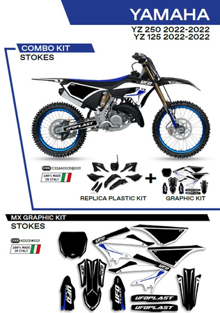 UFO KOMPLET PLASTIKÓW YAKIT324001 PLUS KOMPLET NAKLEJEK (OKLEIN) YAMAHA YZ 125/250 '22 W ZESTAWIE PRZEDNIA TABLICA (YA04860) ORAZ OSŁONY AMORTYZATORÓW (YA04814) STOKES KOLOR CZARNY - WYPRZEDAŻ