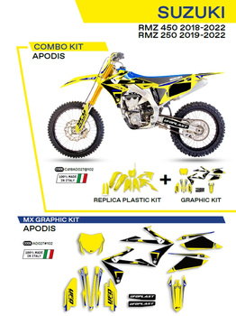 UFO KOMPLET PLASTIKÓW SUKIT418102 PLUS KOMPLET NAKLEJEK (OKLEIN) SUZUKI RMZ 250 '19-'22; RMZ 450 '18-'22 W ZESTAWIE PRZEDNIA TABLICA (SU04943) ORAZ OSŁONY AMORTYZATORÓW (SU04913) APODIS KOLOR ŻÓŁTY - WYPRZEDAŻ