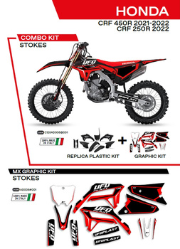 UFO KOMPLET PLASTIKÓW HOKIT125001 PLUS KOMPLET NAKLEJEK (OKLEIN) HONDA CRF 250R '22; CRF 450 '21-'22 W ZESTAWIE PRZEDNIA TABLICA (HO05607) ORAZ OSŁONY AMORTYZATORÓW (HO04695) STOKES KOLOR CZARNY - WYPRZEDAŻ