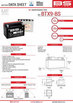 BS AKUMULATOR BTX9-BS (YTX9-BS) 152X88X106 12V 8AH BEZOBSŁUGOWY - ELEKTROLIT OSOBNO (120A) (6) UE2019/1148