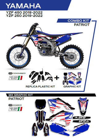 UFO KOMPLET PLASTIKÓW YAKIT321001 PLUS KOMPLET NAKLEJEK (OKLEIN) YAMAHA YZF 250 '19-'22; YZF 450 '18-'22 W ZESTAWIE PRZEDNIA TABLICA (YA04860) ORAZ OSŁONY AMORTYZATORÓW (YA04814) PATRIOT KOLOR CZARNY - WYPRZEDAŻ