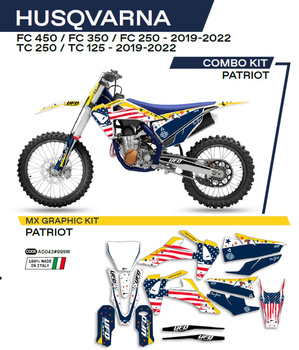 UFO KOMPLET NAKLEJEK (OKLEIN) HUSQVARNA TC 125/250 '19-'22; FC 250/350/450 '19-'22 PATRIOT KOLOR OEM (BIAŁY/NIEBIESKI) - WYPRZEDAŻ