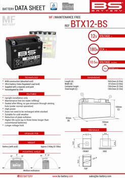 BS AKUMULATOR BTX12-BS (YTX12-BS) 12V 10AH 152X88X131 BEZOBSŁUGOWY - ELEKTROLIT OSOBNO (180A) (4) UE2019/1148