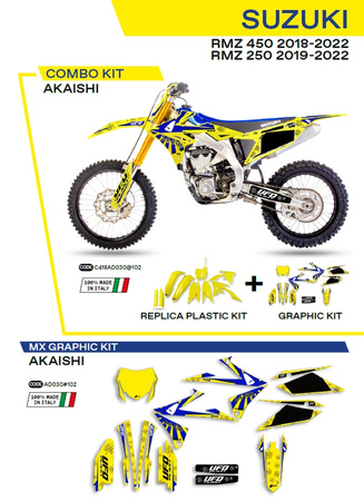 UFO KOMPLET PLASTIKÓW SUKIT418102 PLUS KOMPLET NAKLEJEK (OKLEIN) SUZUKI RMZ 250 '19-'22; RMZ 450 '18-'22 W ZESTAWIE PRZEDNIA TABLICA (SU04943) ORAZ OSŁONY AMORTYZATORÓW (SU04913) AKAISHI KOLOR ŻÓŁTY - WYPRZEDAŻ