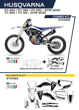 UFO KOMPLET PLASTIKÓW HUKIT622041 PLUS KOMPLET NAKLEJEK (OKLEIN) HUSQVARNA TC 125/250 '19-'22; FC 250/350/450 '19-'22 W ZESTAWIE PRZEDNIA TABLICA (HU04303) ORAZ OSŁONY AMORTYZATORÓW (HU03361) STOKES KOLOR BIAŁY - WYPRZEDAŻ