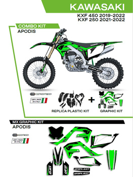 UFO KOMPLET PLASTIKÓW KAKIT227001 PLUS KOMPLET NAKLEJEK (OKLEIN) KAWASAKI KXF 250 '21-'22; KXF 450 '19-'22 W ZESTAWIE PRZEDNIA TABLICA (KA04738) ORAZ OSŁONY AMORTYZATORÓW (KA04701) APODIS KOLOR CZARNY - WYPRZEDAŻ