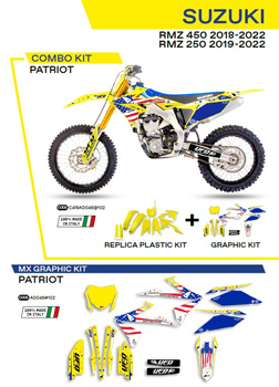 UFO KOMPLET PLASTIKÓW SUKIT418102 PLUS KOMPLET NAKLEJEK (OKLEIN) SUZUKI RMZ 250 '19-'22; RMZ 450 '18-'22 W ZESTAWIE PRZEDNIA TABLICA (SU04943) ORAZ OSŁONY AMORTYZATORÓW (SU04913) PATRIOT KOLOR ŻÓŁTY - WYPRZEDAŻ