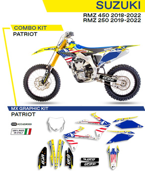 UFO KOMPLET NAKLEJEK (OKLEIN) SUZUKI RMZ 250 '19-'22; RMZ 450 '18-'22 PATRIOT KOLOR OEM (ŻÓŁTY/NIEBIESKI/BIAŁY) - WYPRZEDAŻ