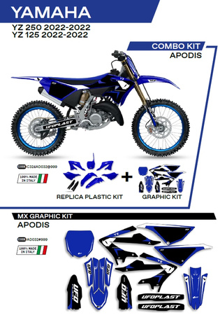 UFO KOMPLET PLASTIKÓW YAKIT324999 PLUS KOMPLET NAKLEJEK (OKLEIN) YAMAHA YZ 125/250 '22 W ZESTAWIE PRZEDNIA TABLICA (YA04860) ORAZ OSŁONY AMORTYZATORÓW (YA04814) APODIS KOLOR OEM (BIAŁY/NIEBIESKI) - WYPRZEDAŻ