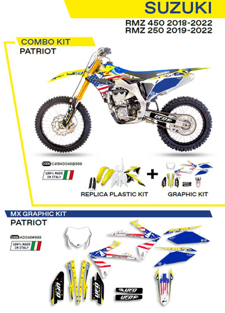 UFO KOMPLET PLASTIKÓW SUKIT418999 PLUS KOMPLET NAKLEJEK (OKLEIN) SUZUKI RMZ 250 '19-'22; RMZ 450 '18-'22 W ZESTAWIE PRZEDNIA TABLICA (SU04943) ORAZ OSŁONY AMORTYZATORÓW (SU04913) PATRIOT KOLOR OEM (ŻÓŁTY/BIAŁY/CZARNY) - WYPRZEDAŻ