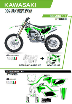 UFO KOMPLET PLASTIKÓW KAKIT227047 PLUS KOMPLET NAKLEJEK (OKLEIN) KAWASAKI KXF 250 '21-'22; KXF 450 '19-'22 W ZESTAWIE PRZEDNIA TABLICA (KA04738) ORAZ OSŁONY AMORTYZATORÓW (KA04701) STOKES KOLOR BIAŁY - WYPRZEDAŻ