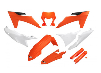 UFO KOMPLET PLASTIKÓW (FULL KIT) Z OSŁONAMI TELESKOPÓW (AMORTYZATORÓW) KTM EXC 150 / 250 / 300 TBI '24, EXC-F 250 / 350 / 450 / 500 '24 KOLOR OEM POMARAŃCZOWY BIAŁY