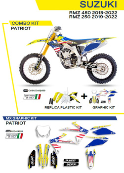 UFO KOMPLET PLASTIKÓW SUKIT418999 PLUS KOMPLET NAKLEJEK (OKLEIN) SUZUKI RMZ 250 '19-'22; RMZ 450 '18-'22 W ZESTAWIE PRZEDNIA TABLICA (SU04943) ORAZ OSŁONY AMORTYZATORÓW (SU04913) PATRIOT KOLOR OEM (ŻÓŁTY/BIAŁY/CZARNY) - WYPRZEDAŻ