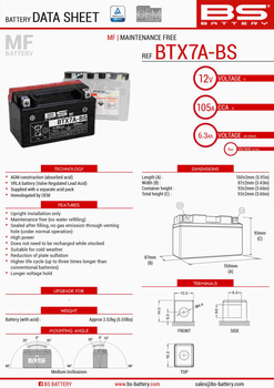 BS AKUMULATOR BTX7A-BS (YTX7A-BS) 12V 6AH 152X88X94 BEZOBSŁUGOWY - ELEKTROLIT OSOBNO (90A) (6) UE2019/1148