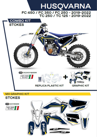 UFO KOMPLET PLASTIKÓW HUKIT622999W PLUS KOMPLET NAKLEJEK (OKLEIN) HUSQVARNA TC 125/250 '19-'22; FC 250/350/450 '19-'22 W ZESTAWIE PRZEDNIA TABLICA (HU04303) ORAZ OSŁONY AMORTYZATORÓW (HU03361) STOKES KOLOR OEM (BIAŁY/NIEBIESKI) - WYPRZEDAŻ