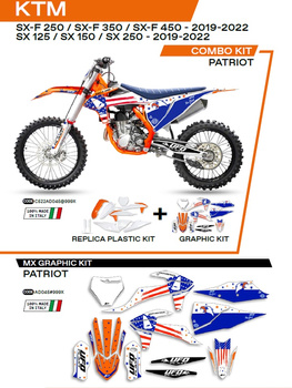 UFO KOMPLET PLASTIKÓW KTKIT522999X PLUS KOMPLET NAKLEJEK (OKLEIN) KTM SX/SXF 125/150/250/350/450 '19-'22 W ZESTAWIE PRZEDNIA TABLICA (KT04094) ORAZ OSŁONY AMORTYZATORÓW (KT04055) PATRIOT KOLOR OEM (BIAŁY/ NIEBIESKI) - WYPRZEDAŻ