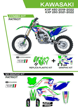 UFO KOMPLET PLASTIKÓW KAKIT227999A PLUS KOMPLET NAKLEJEK (OKLEIN) KAWASAKI KXF 250 '21-'22; KXF 450 '19-'22 W ZESTAWIE PRZEDNIA TABLICA (KA04738) ORAZ OSŁONY AMORTYZATORÓW (KA04701) PATRIOT KOLOR OEM (ZIELONY/NIEBIESKI) - WYPRZEDAŻ