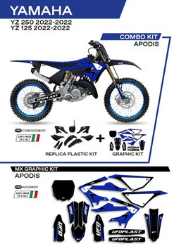 UFO KOMPLET PLASTIKÓW YAKIT324001 PLUS KOMPLET NAKLEJEK (OKLEIN) YAMAHA YZ 125/250 '22 W ZESTAWIE PRZEDNIA TABLICA (YA04860) ORAZ OSŁONY AMORTYZATORÓW (YA04814) APODIS KOLOR CZARNY - WYPRZEDAŻ