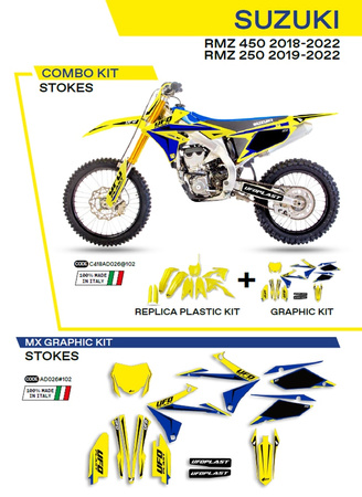 UFO KOMPLET PLASTIKÓW SUKIT418102 PLUS KOMPLET NAKLEJEK (OKLEIN) SUZUKI RMZ 250 '19-'22; RMZ 450 '18-'22 W ZESTAWIE PRZEDNIA TABLICA (SU04943) ORAZ OSŁONY AMORTYZATORÓW (SU04913) STOKES KOLOR ŻÓŁTY - WYPRZEDAŻ