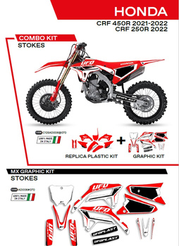 UFO KOMPLET PLASTIKÓW HOKIT125070 PLUS KOMPLET NAKLEJEK (OKLEIN) HONDA CRF 250R '22; CRF 450 '21-'22 W ZESTAWIE PRZEDNIA TABLICA (HO05607) ORAZ OSŁONY AMORTYZATORÓW (HO04695) STOKES KOLOR CZERWONY - WYPRZEDAŻ