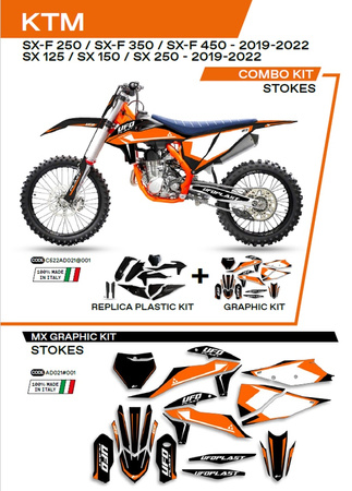 UFO KOMPLET PLASTIKÓW KTKIT522001 PLUS KOMPLET NAKLEJEK (OKLEIN) KTM SX/SXF 125/150/250/350/450 '19-'22 W ZESTAWIE PRZEDNIA TABLICA (KT04094) ORAZ OSŁONY AMORTYZATORÓW (KT04055) STOKES KOLOR CZARNY - WYPRZEDAŻ