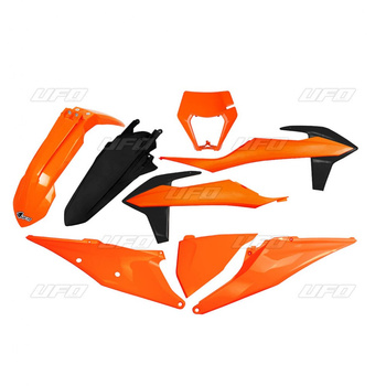 UFO KOMPLET PLASTIKÓW KTM EXC 125 '20-'21, EXC 250 / 300 TPI '20-'23, EXC-F 250 / 350 / 450 / 500 '20-'23 Z OSŁONĄ LAMPY KOLOR OEM '20 (POMRAŃCZOWY/CZARNY) (KT527E999)