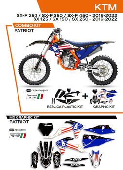 UFO KOMPLET PLASTIKÓW KTKIT522001 PLUS KOMPLET NAKLEJEK (OKLEIN) KTM SX/SXF 125/150/250/350/450 '19-'22 W ZESTAWIE PRZEDNIA TABLICA (KT04094) ORAZ OSŁONY AMORTYZATORÓW (KT04055) PATRIOT KOLOR CZARNY - WYPRZEDAŻ